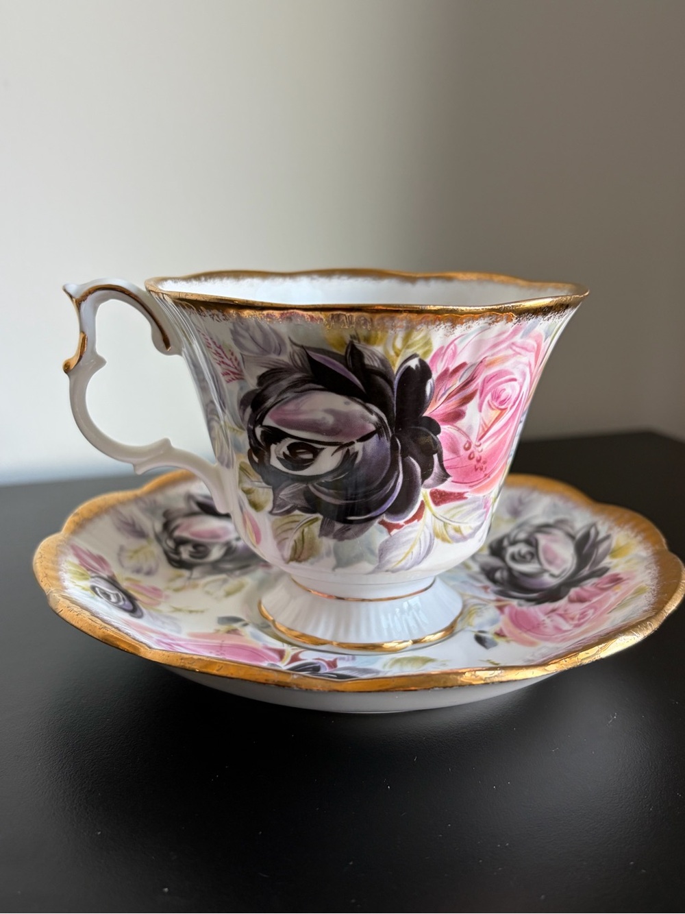 Royal Albert Pink and Black Rose Gold-Trim Teacup & Saucer